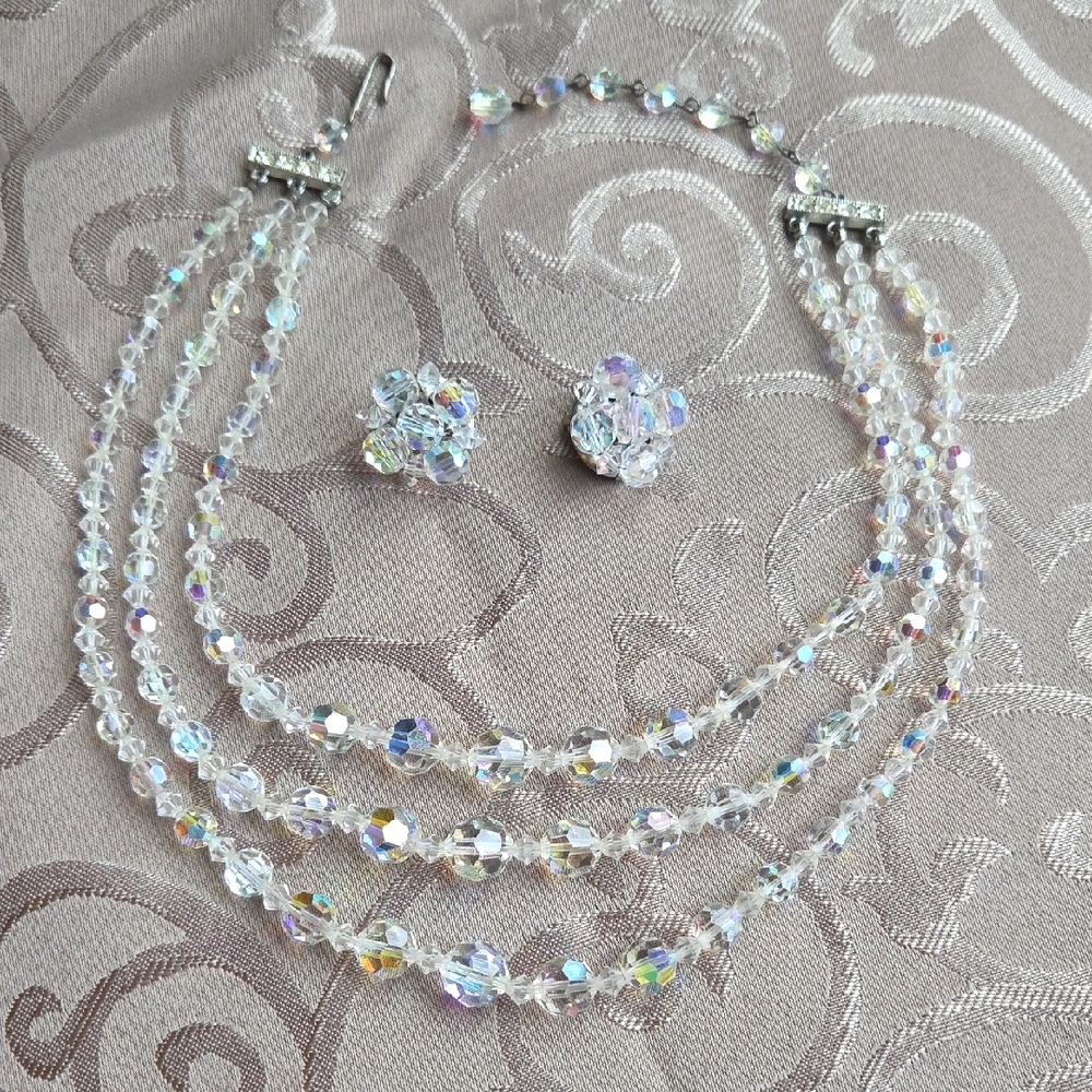 Vintage Aurora Borealis Crystal Jewelry Set- 3 Strand Necklace And Clip Earrings